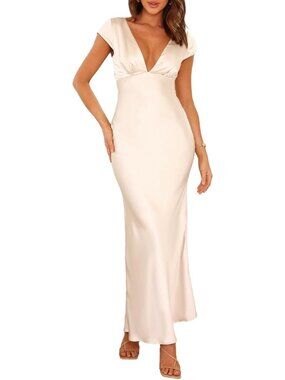 Women's Champagne Satin V Neck Cap Sleeve Backless Wedding Guest Midi Dresses